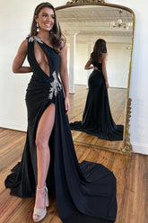 Black Prom Dress Mermaid One Shoulder Long Evening Dress with Slit